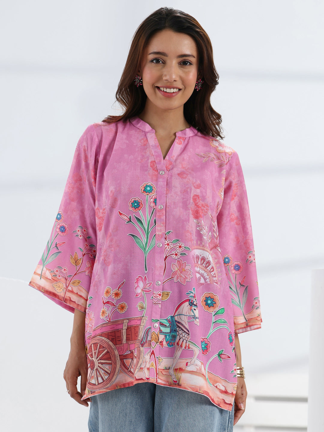  Pink Tropical Printed Cotton Blend Straight Short Kurti 