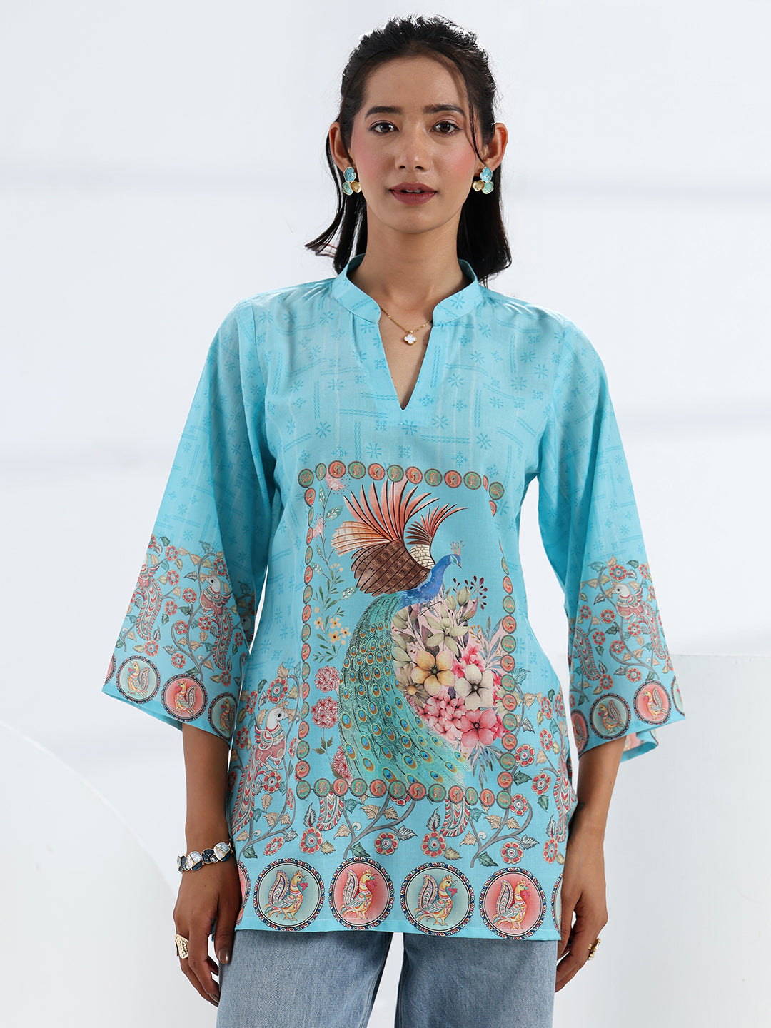  Sky Blue Printed Cotton Blend Straight Short Kurti 