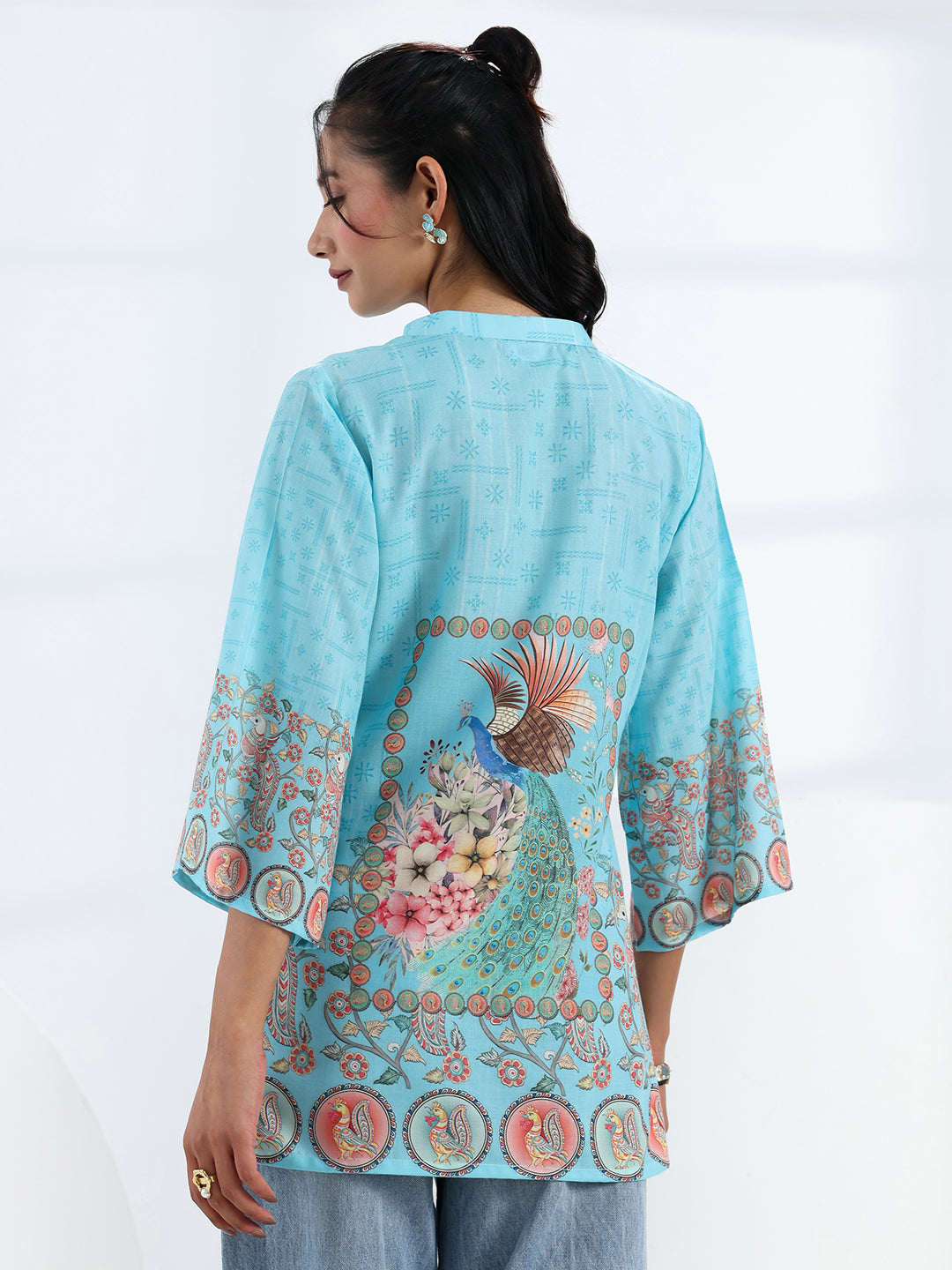  Sky Blue Printed Cotton Blend Straight Short Kurti 