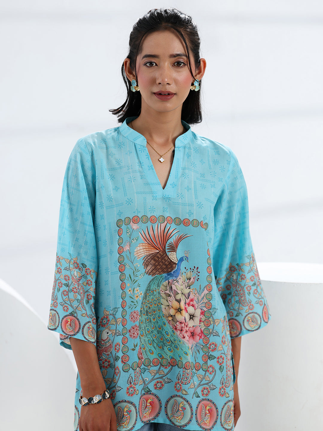  Sky Blue Printed Cotton Blend Straight Short Kurti 