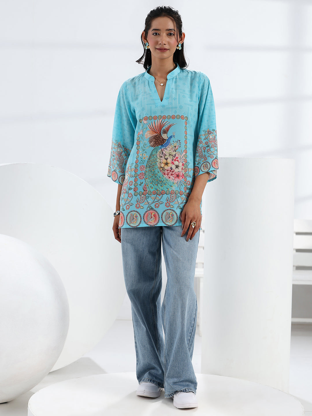  Sky Blue Printed Cotton Blend Straight Short Kurti 
