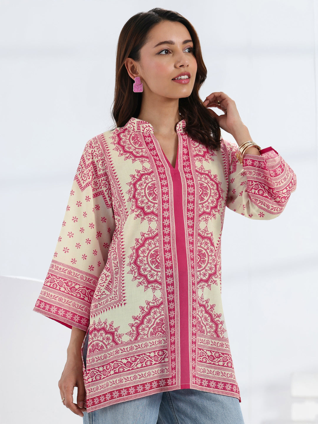 Pink Ethnic Motif Printed Cotton Blend Straight Short Kurti 