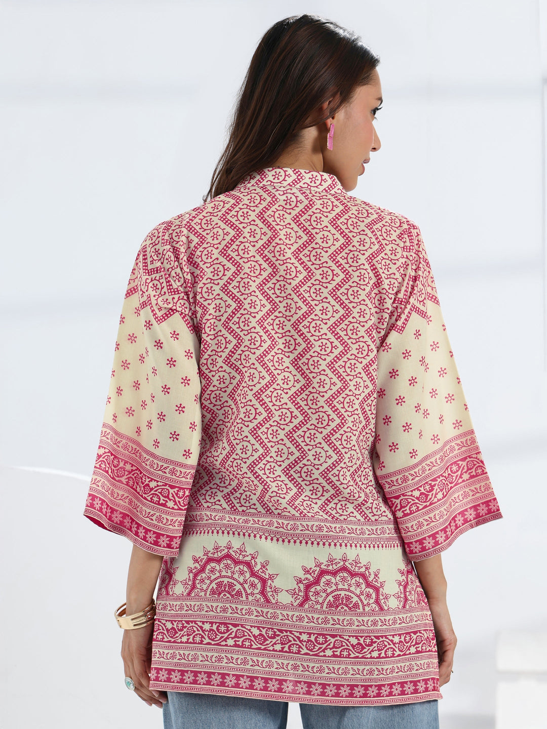  Pink Ethnic Motif Printed Cotton Blend Straight Short Kurti 