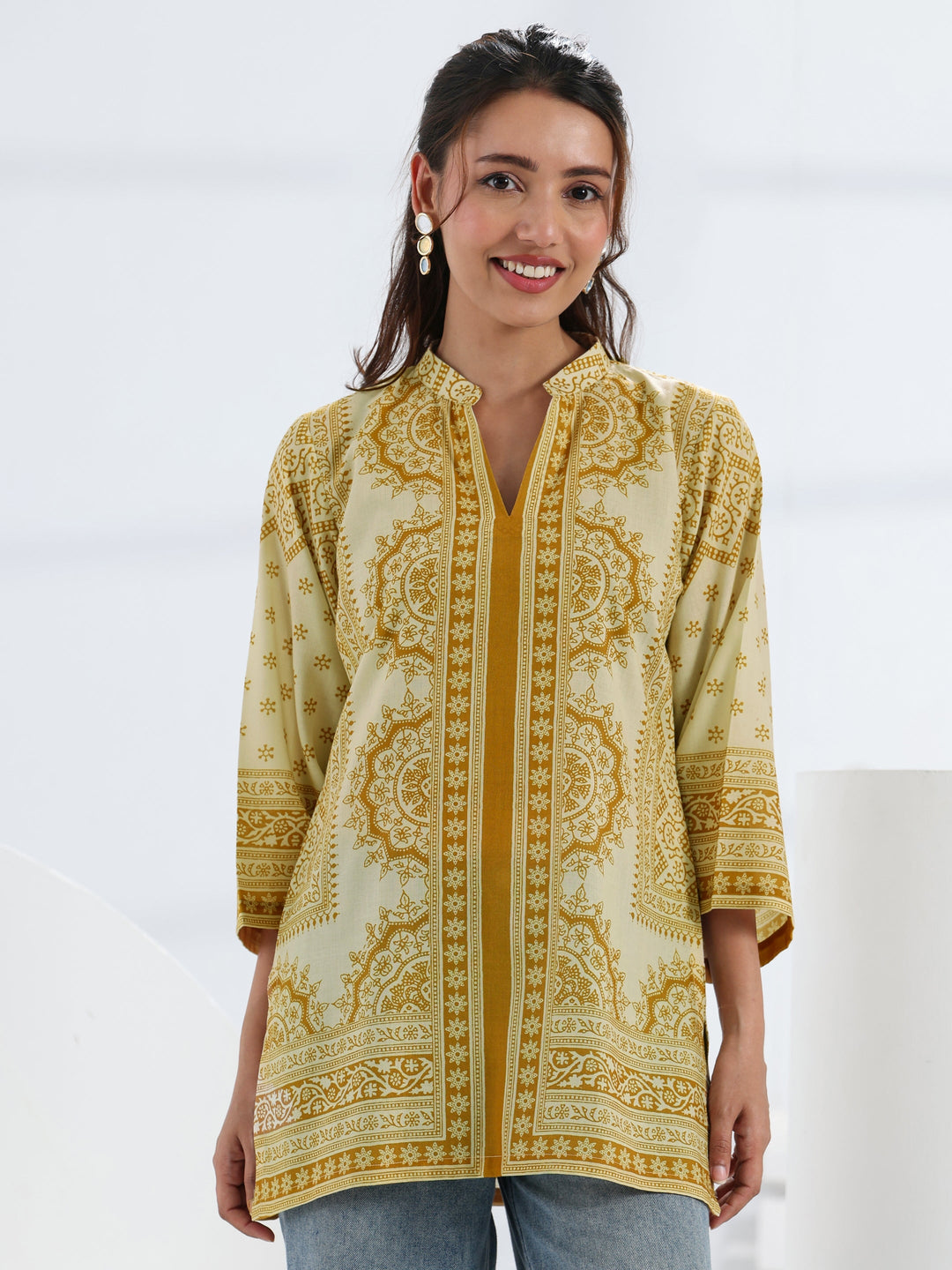  Yellow Ethnic Motif Printed Cotton Blend Straight Short Kurti 