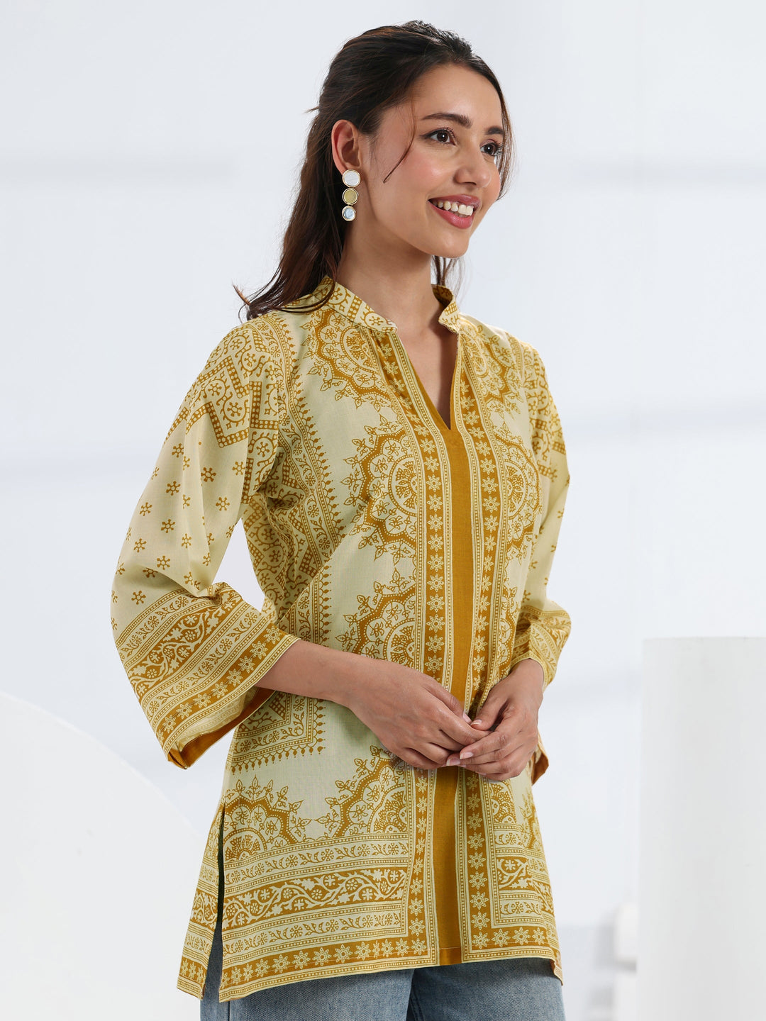  Yellow Ethnic Motif Printed Cotton Blend Straight Short Kurti 