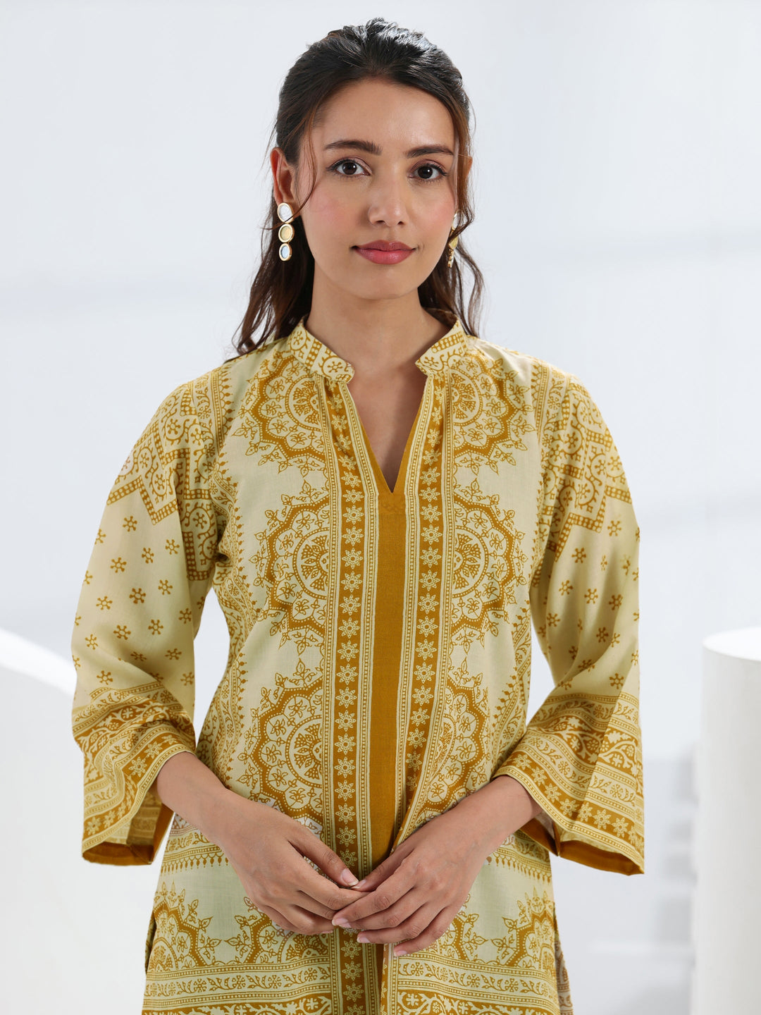  Yellow Ethnic Motif Printed Cotton Blend Straight Short Kurti 