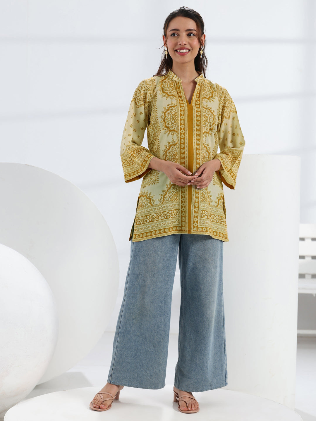  Yellow Ethnic Motif Printed Cotton Blend Straight Short Kurti 