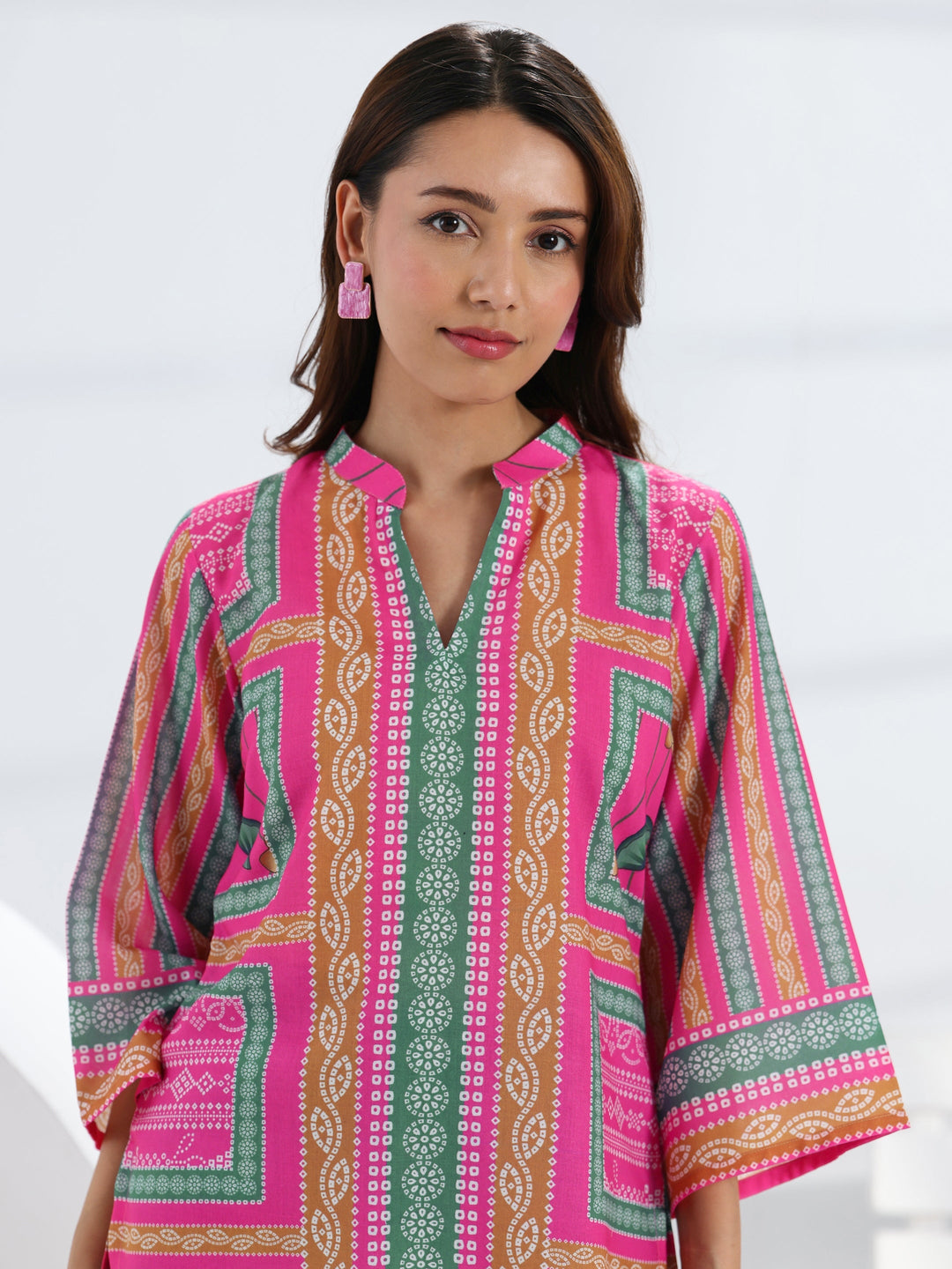  Multi- Coloured Bandhani Printed Cotton Blend Straight Short Kurti 