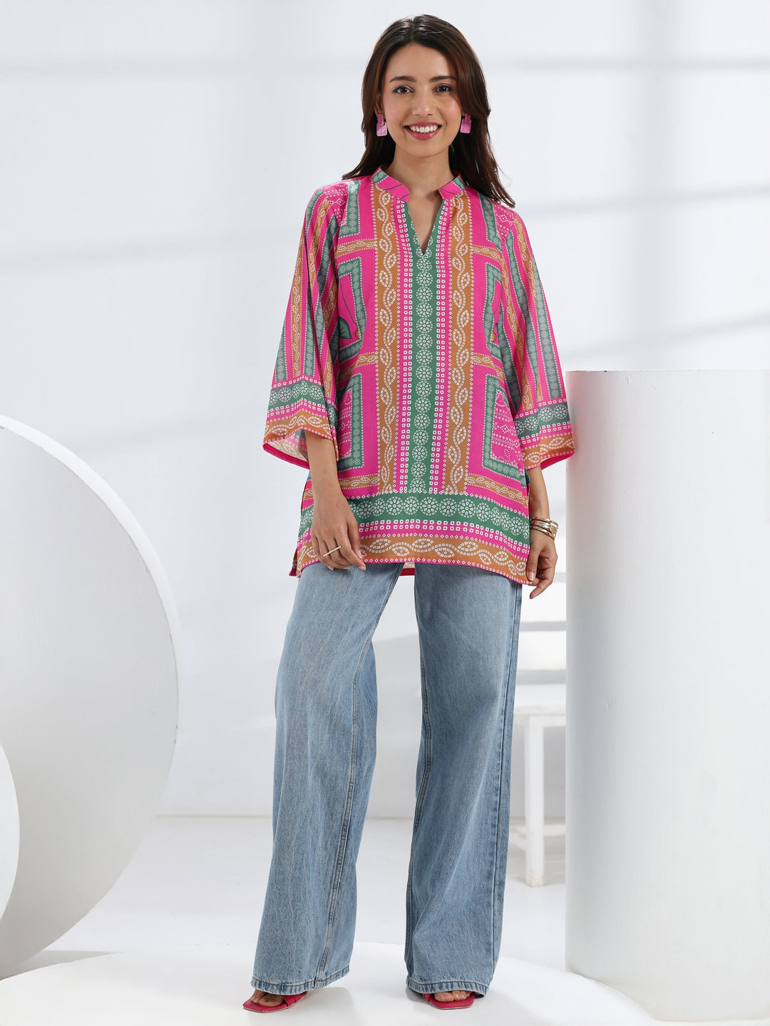  Multi- Coloured Bandhani Printed Cotton Blend Straight Short Kurti 