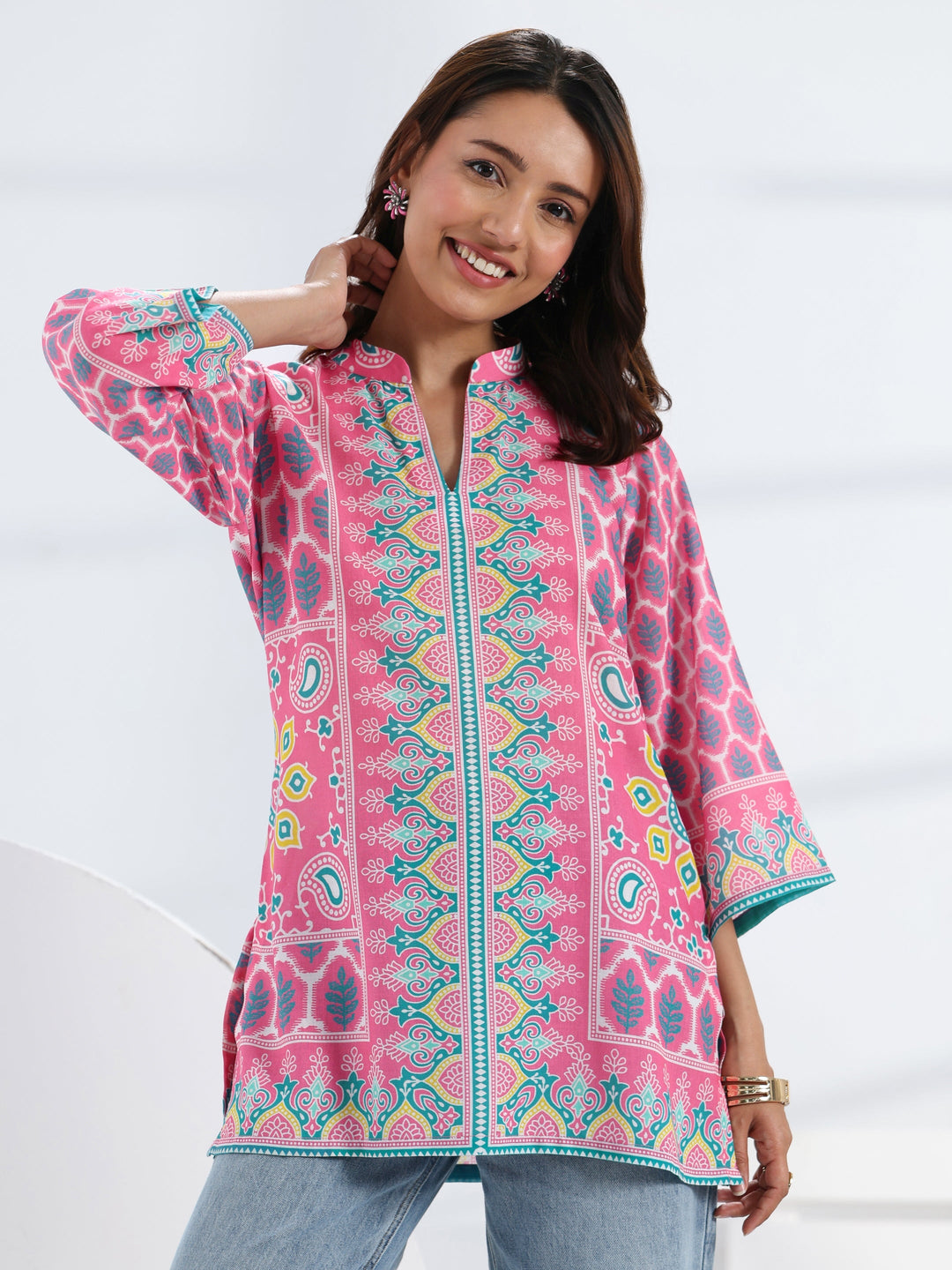  Pink Ethnic Motif Printed Cotton Blend Straight Short Kurti 