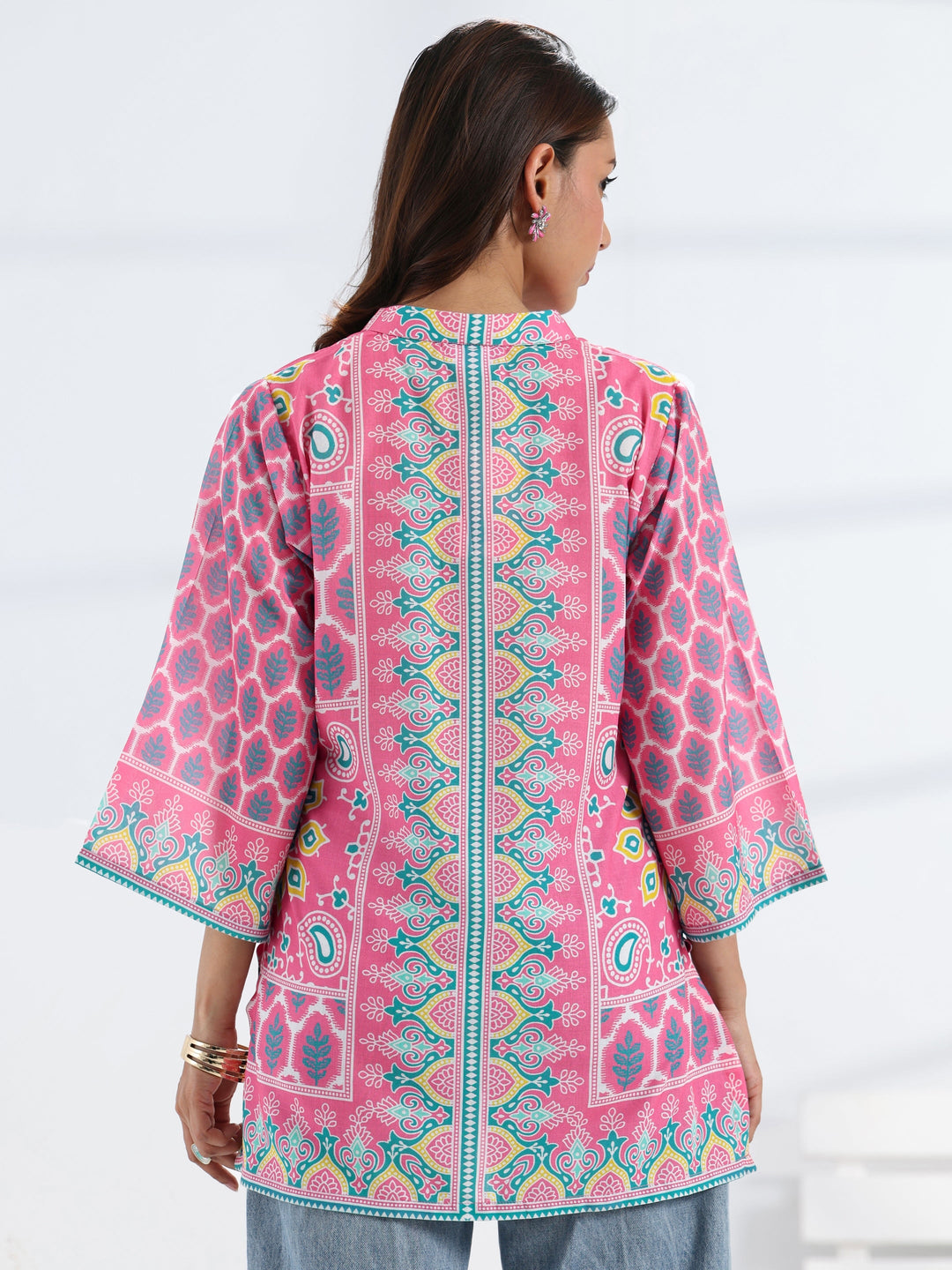  Pink Ethnic Motif Printed Cotton Blend Straight Short Kurti 