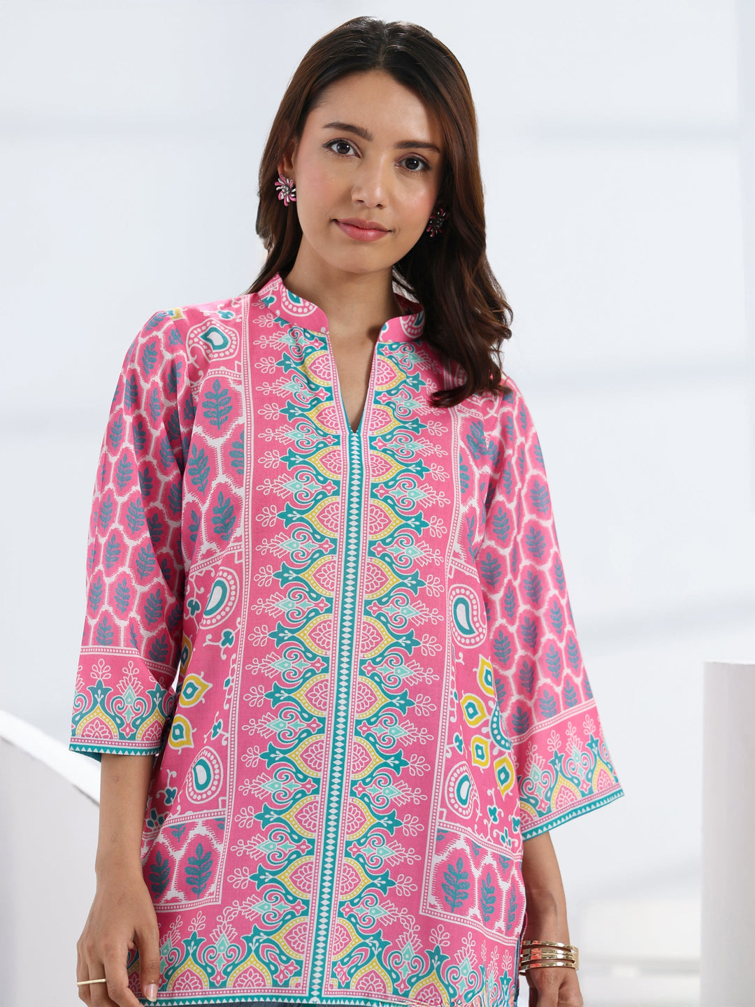  Pink Ethnic Motif Printed Cotton Blend Straight Short Kurti 