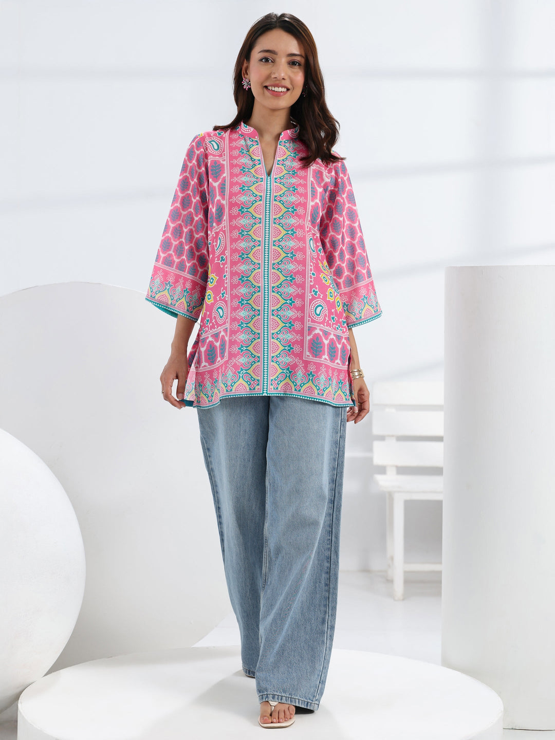  Pink Ethnic Motif Printed Cotton Blend Straight Short Kurti 