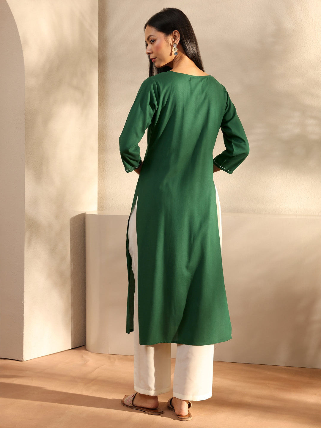  Green Ethnic Motif Embroidered Rayon Straight Kurta 