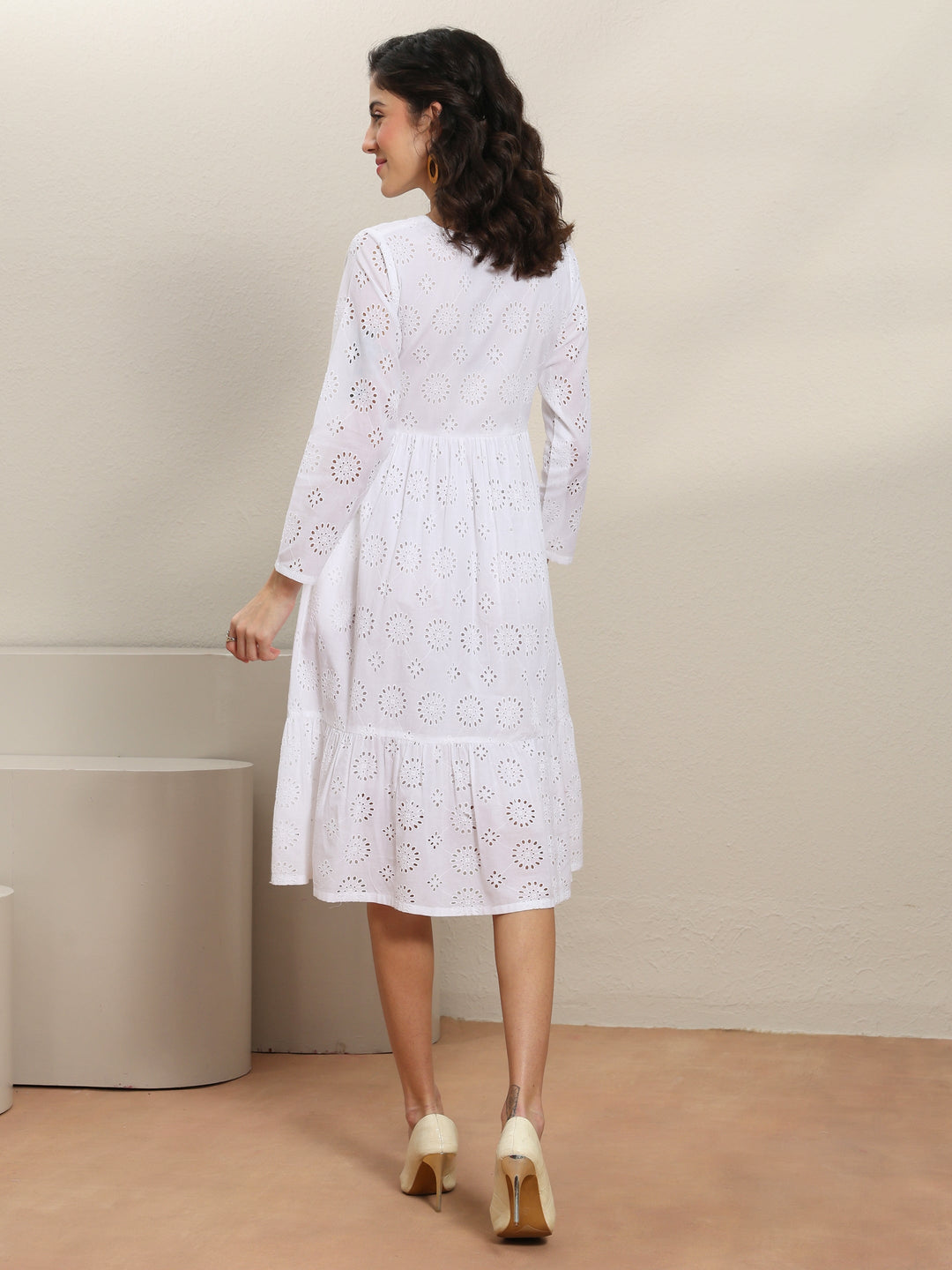  White Schiffli Embroidered Cotton A-Line One-Piece Dress 