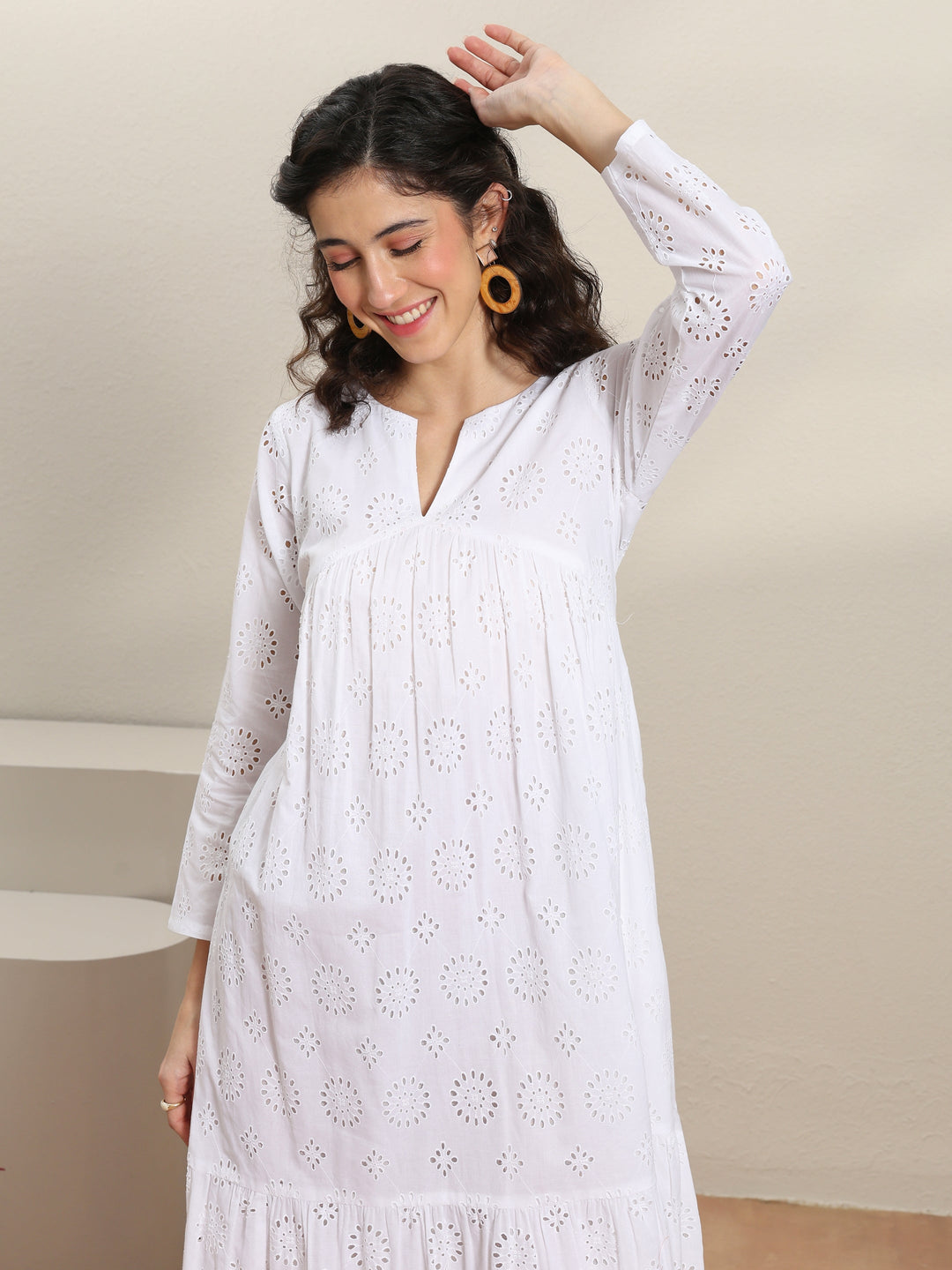  White Schiffli Embroidered Cotton A-Line One-Piece Dress 