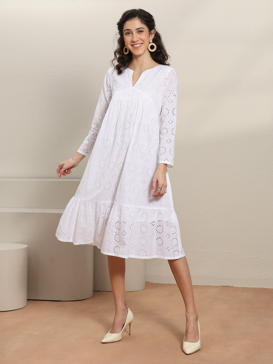  White Schiffli Embroidered Cotton A-Line One-Piece Dress 