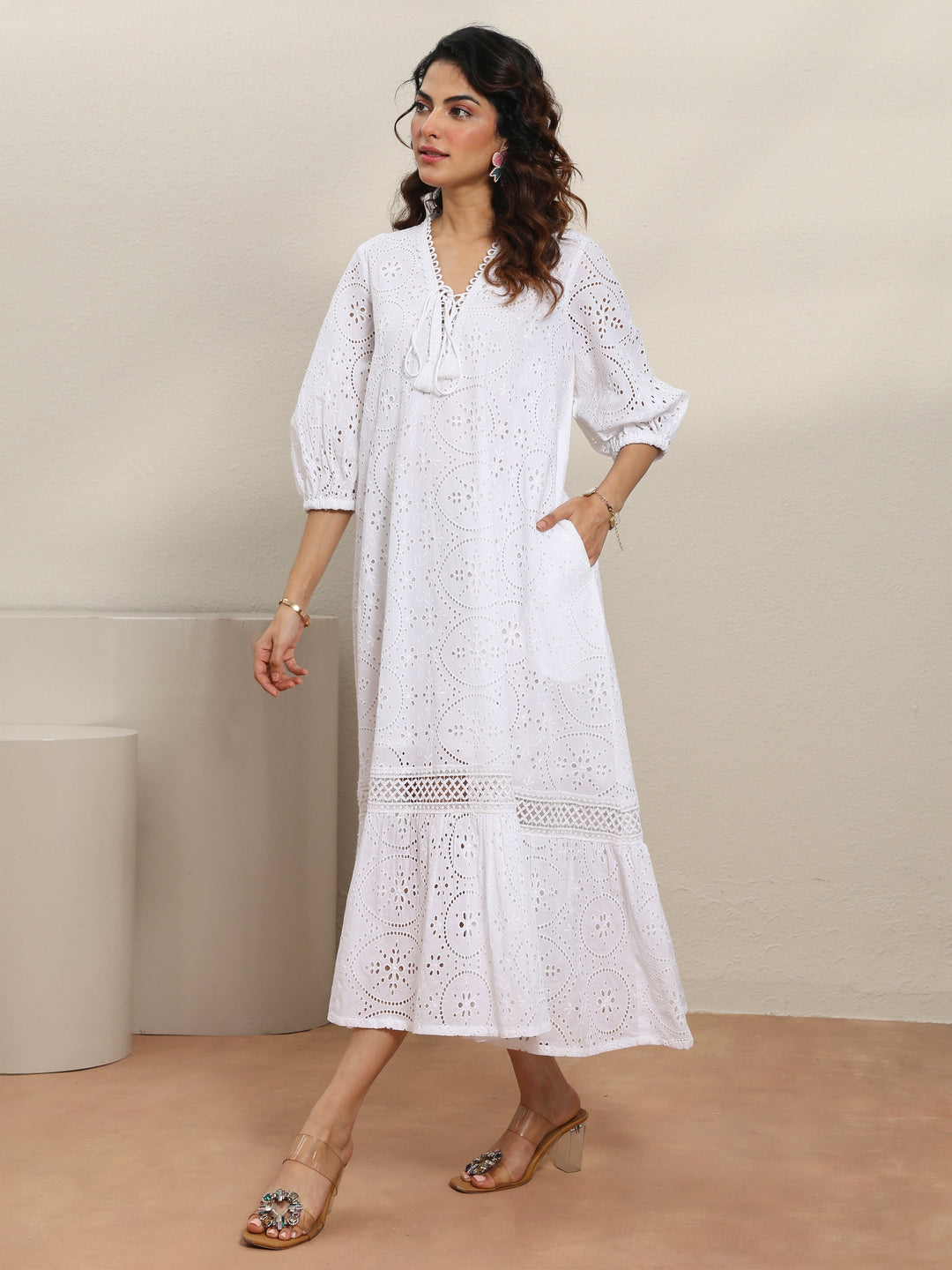  White Schiffli Embroidered Cotton A-Line One-Piece Dress 