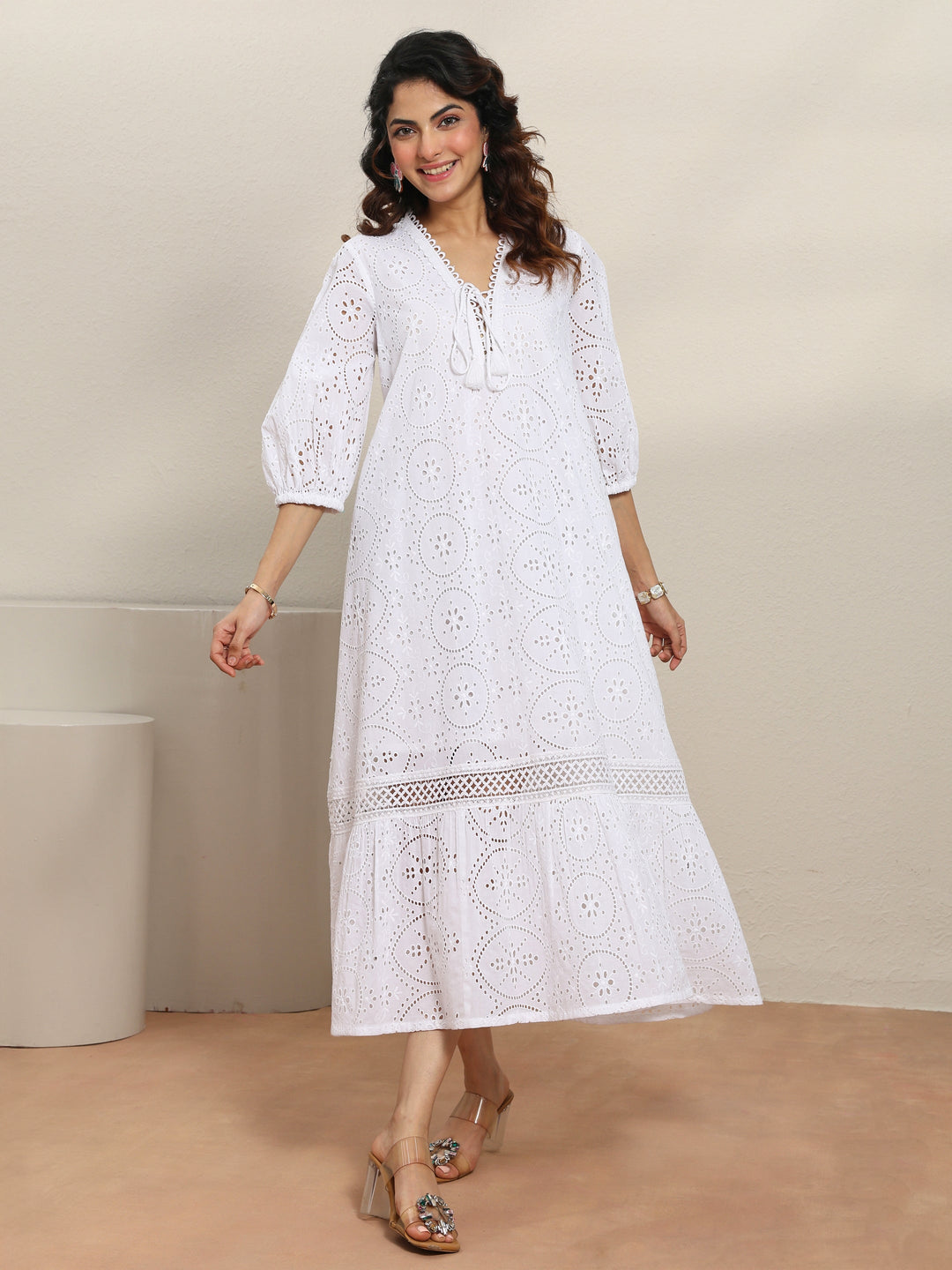  White Schiffli Embroidered Cotton A-Line One-Piece Dress 