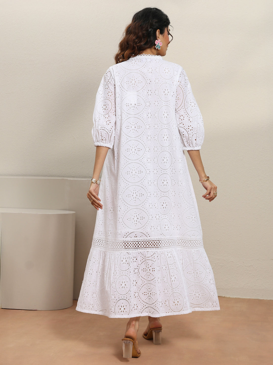  White Schiffli Embroidered Cotton A-Line One-Piece Dress 