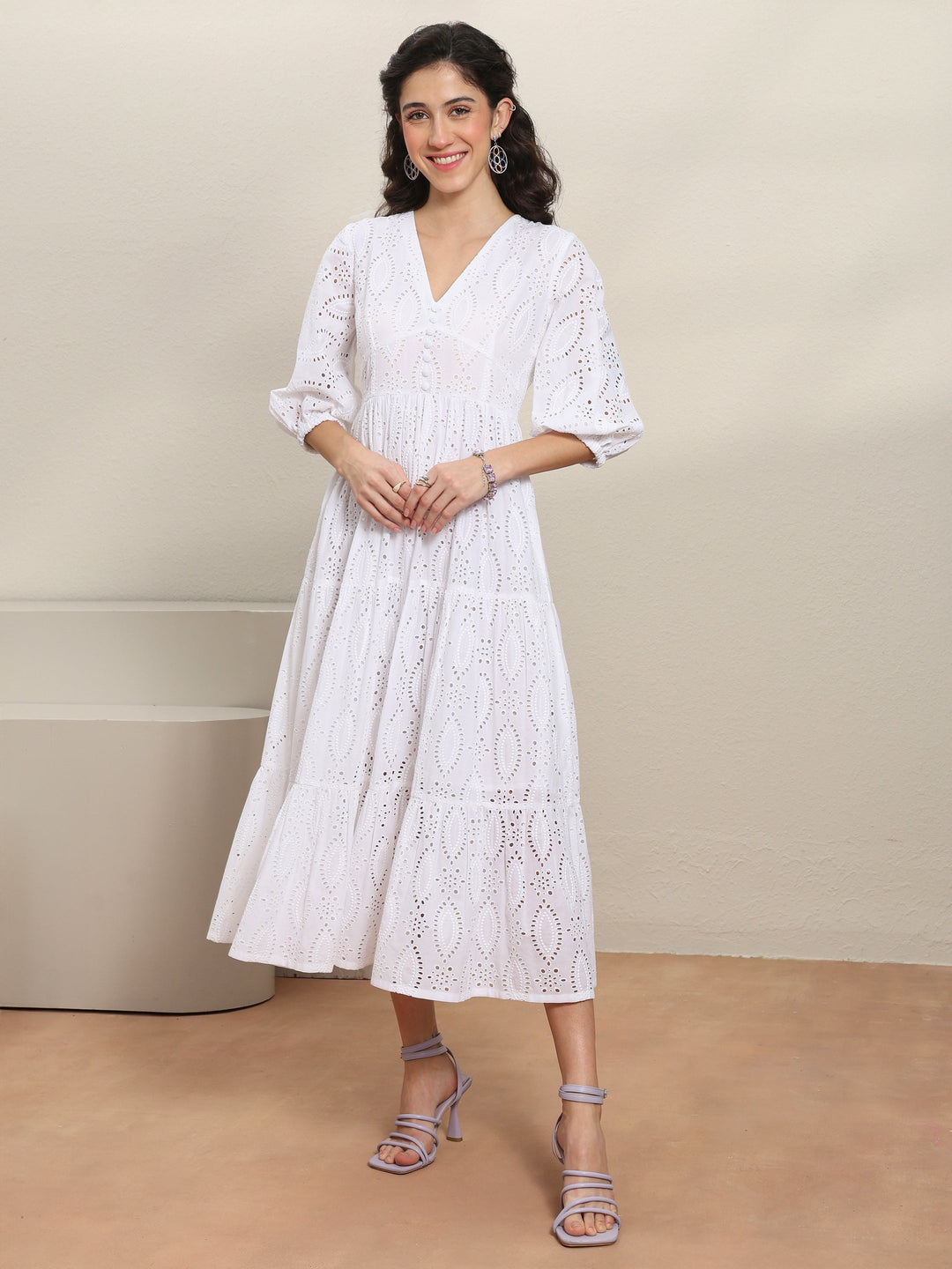  White Schiffli Embroidered Cotton Fit-And-Flare One-Piece Dress 