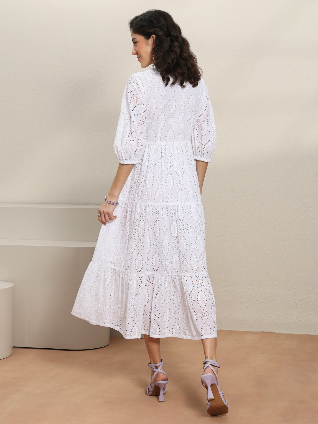  White Schiffli Embroidered Cotton Fit-And-Flare One-Piece Dress 