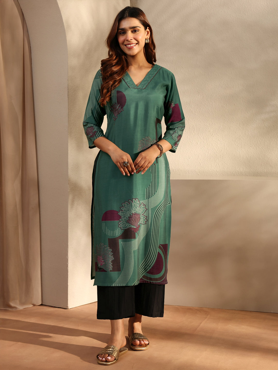  Green Printed Silk Blend Straight Kurta 