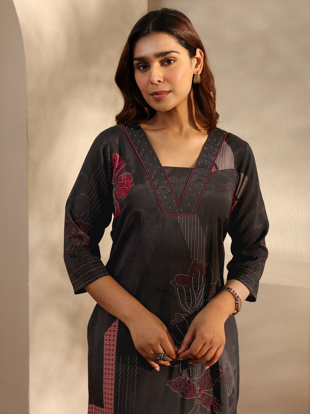  Black Printed Silk Blend Straight Kurta 
