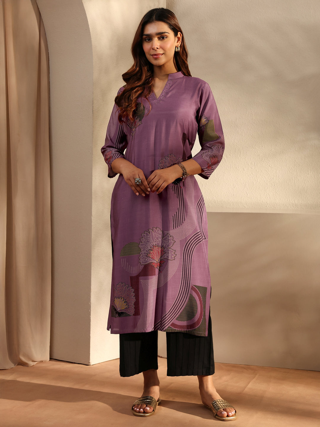  Mauve Printed Silk Blend Straight Kurta 