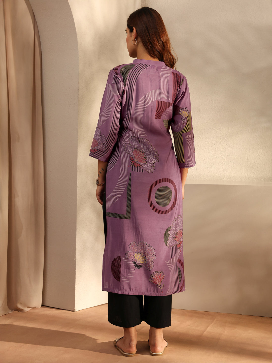  Mauve Printed Silk Blend Straight Kurta 