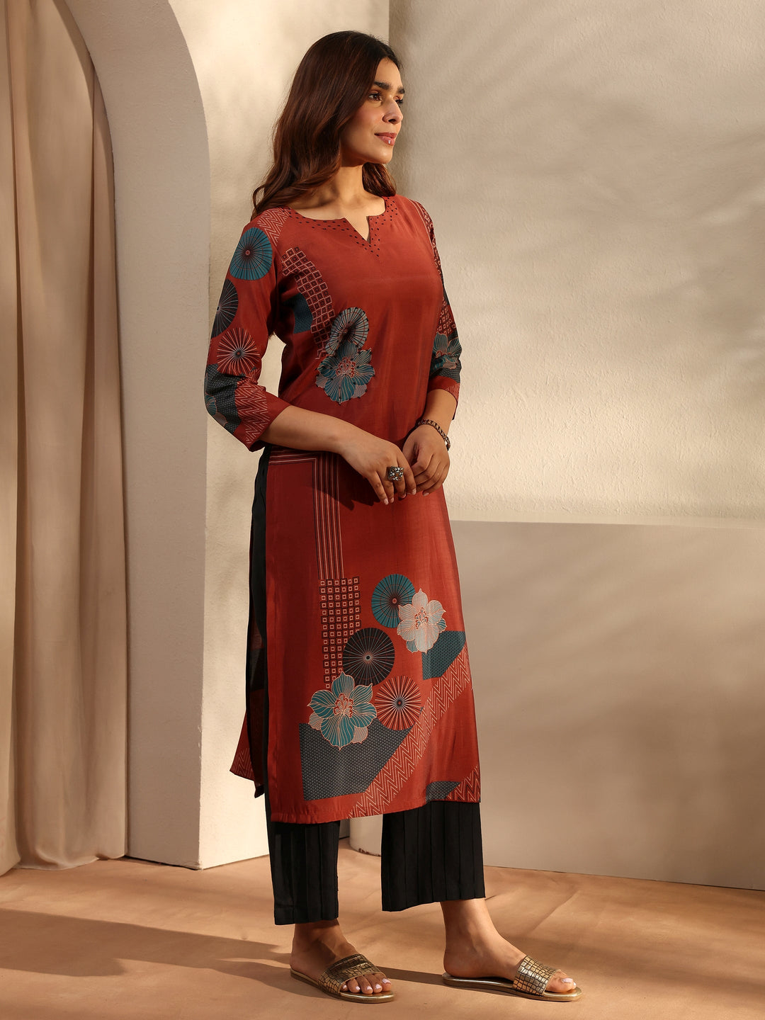  Rust Printed Silk Blend Straight Kurta 