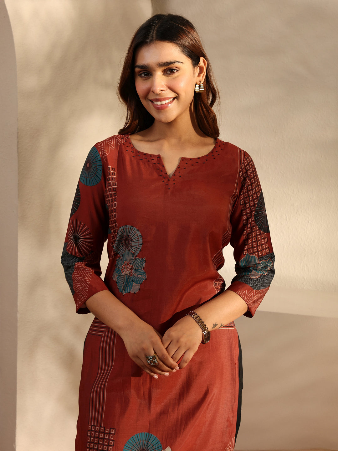  Rust Printed Silk Blend Straight Kurta 