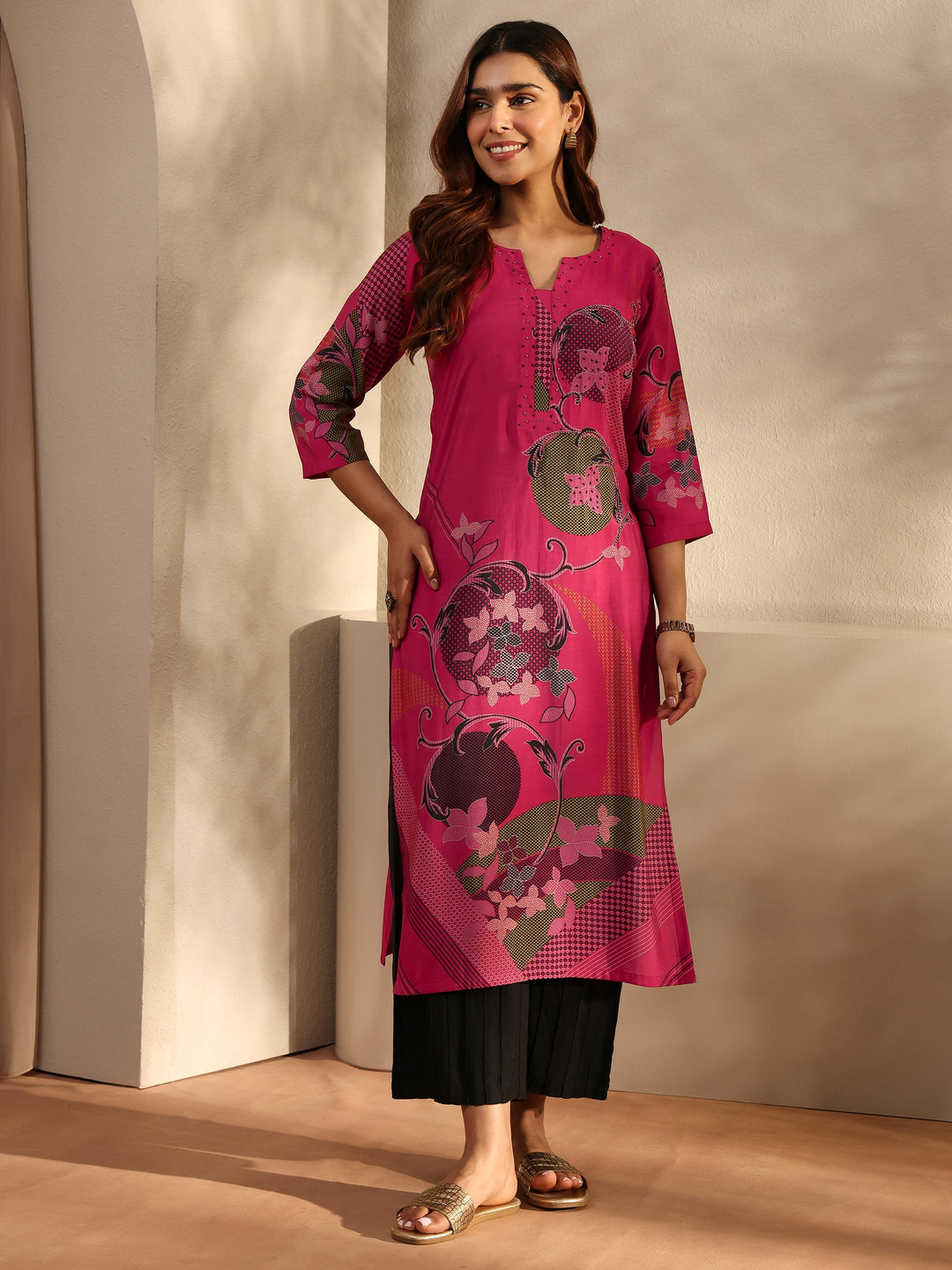  Pink Printed Silk Blend Straight Kurta 