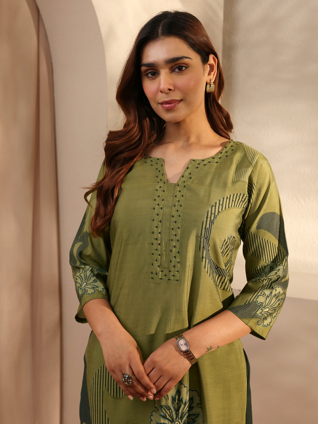  Green Printed Silk Blend Straight Kurta 