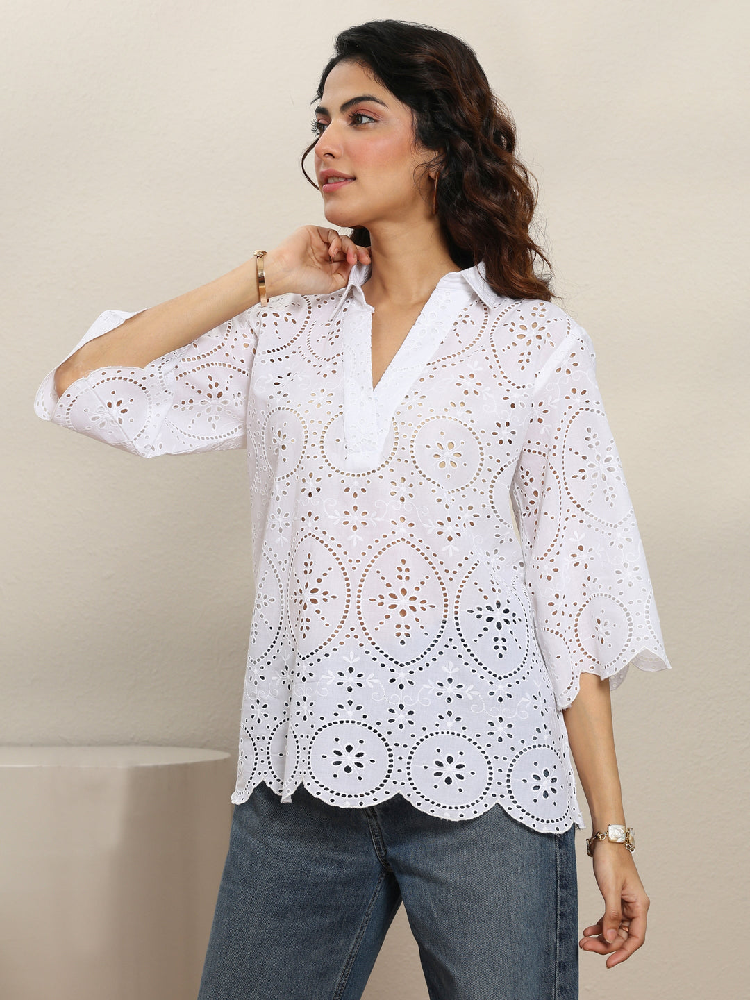  White Floral Schiffli Design Cotton Blend Straight Short Kurti 