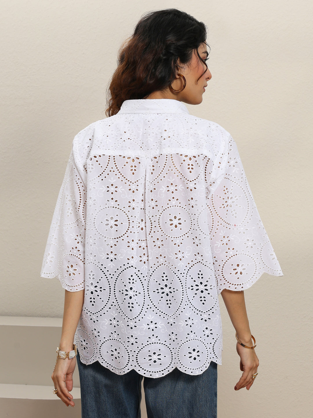 White Floral Schiffli Design Cotton Blend Straight Short Kurti 