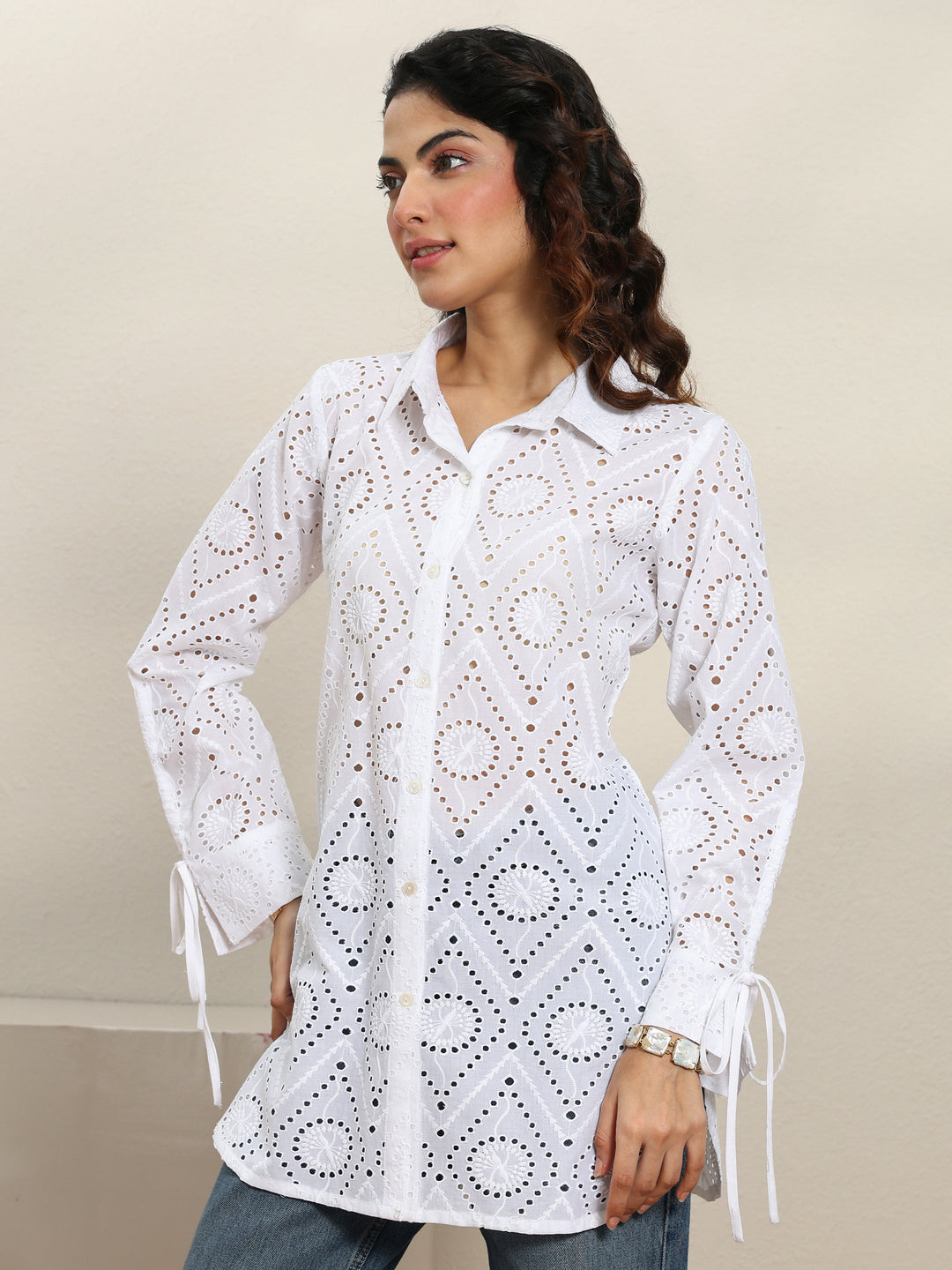  White Self Design Cotton Shirt 