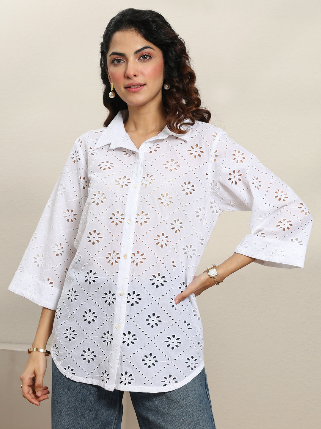  White Self Design Cotton Shirt 