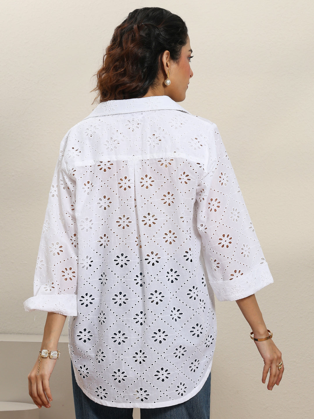  White Self Design Cotton Shirt 
