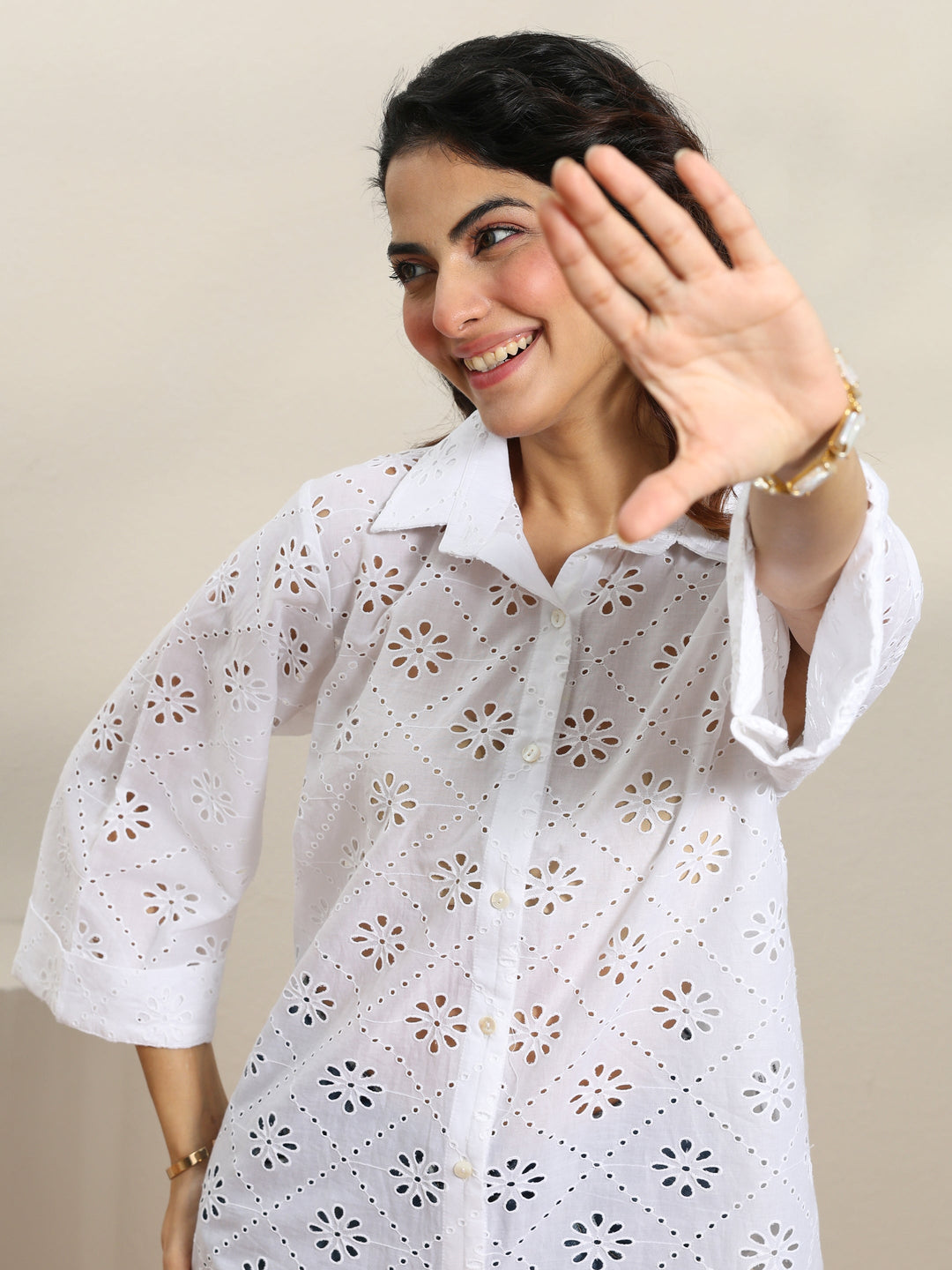  White Self Design Cotton Shirt 