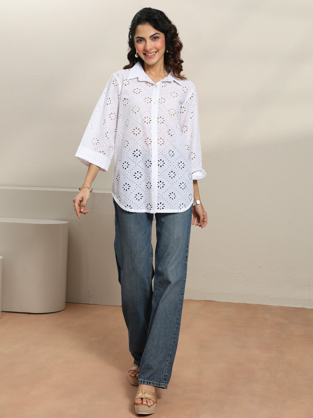  White Self Design Cotton Shirt 