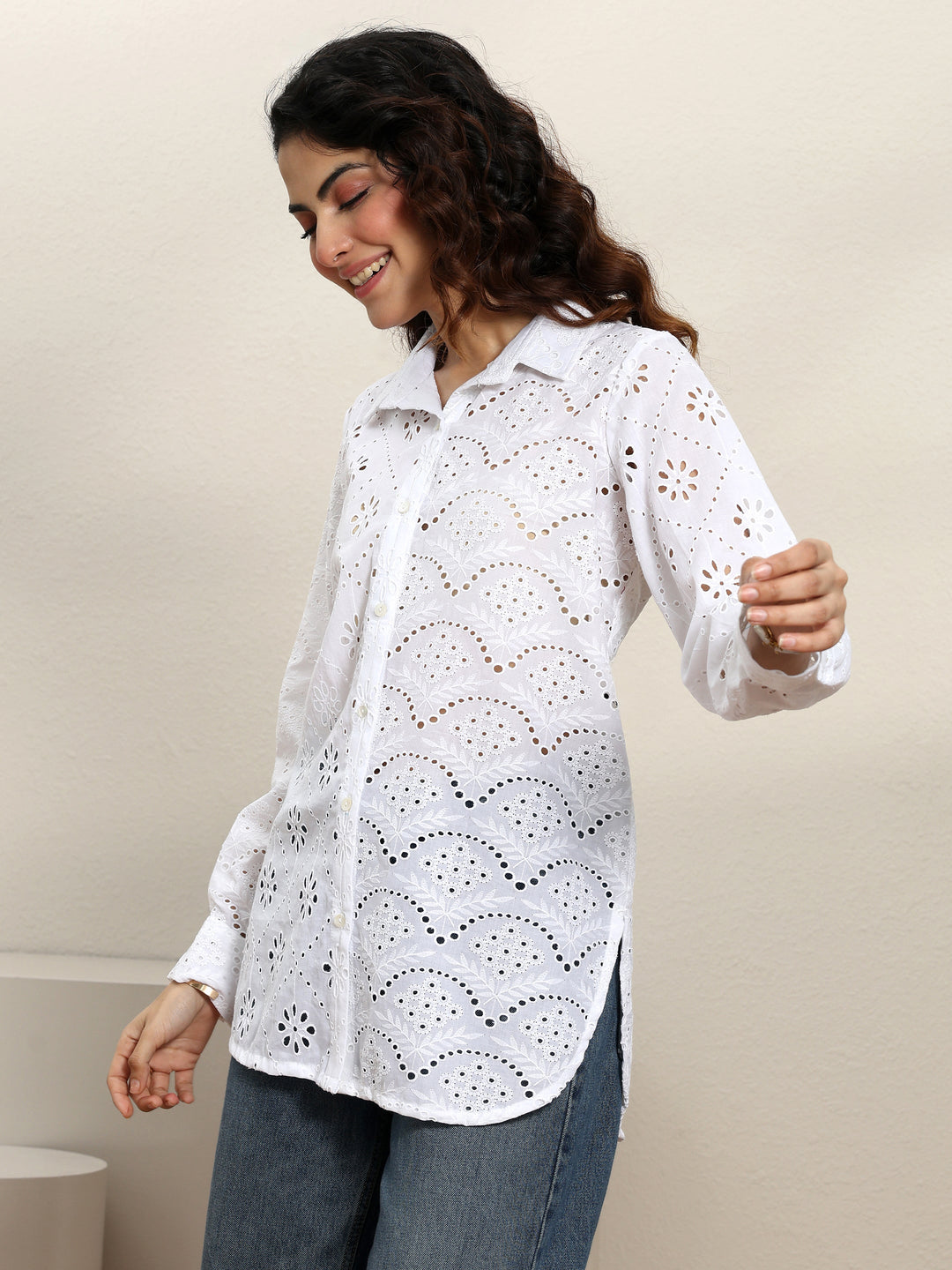  White Schiffli Design Panelled Shirt 