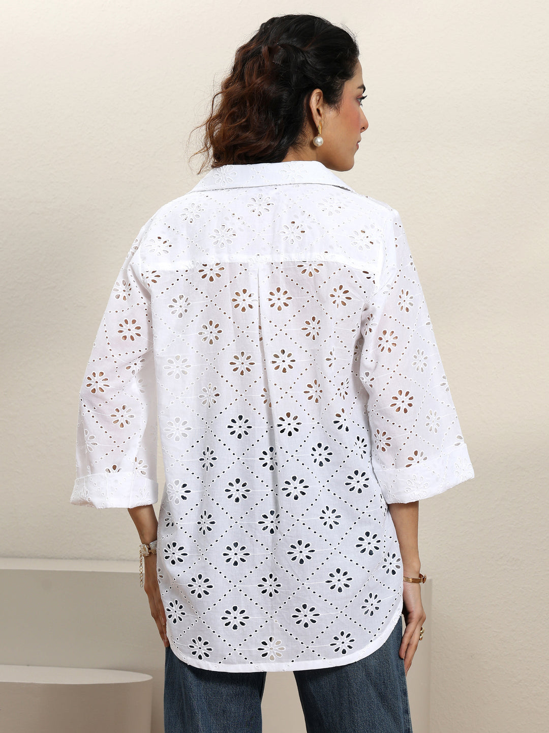  White Schiffli Design Panelled Shirt 