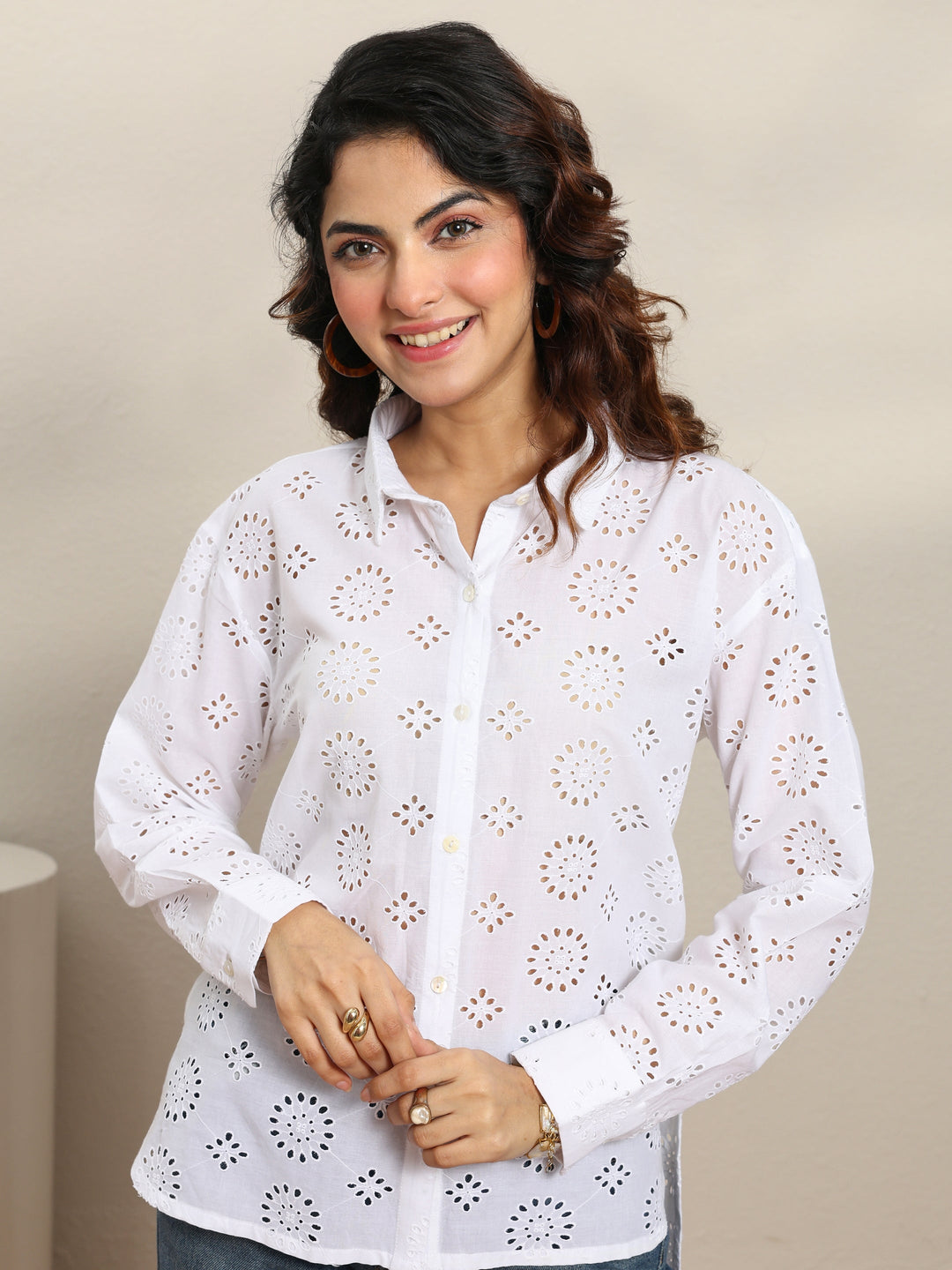  White Self Design Cotton Shirt 