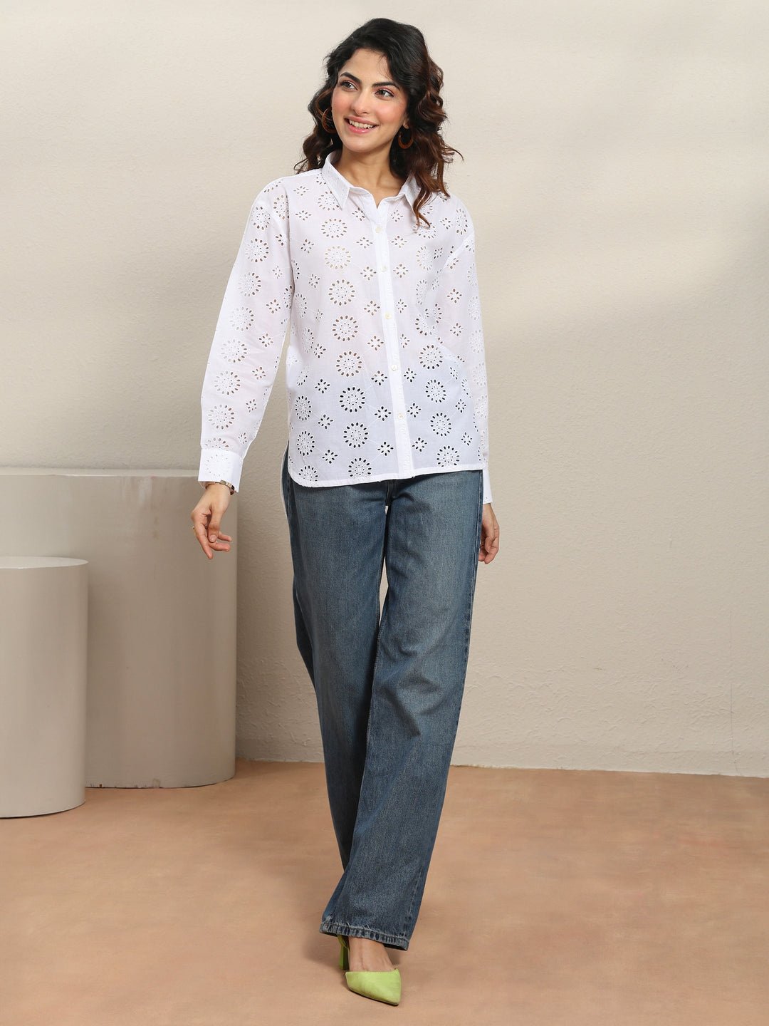  White Self Design Cotton Shirt 