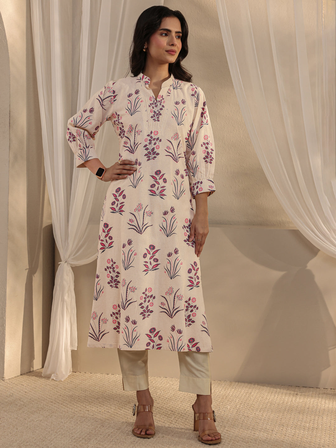  Off White Floral Printed Cotton A-Line Kurta 