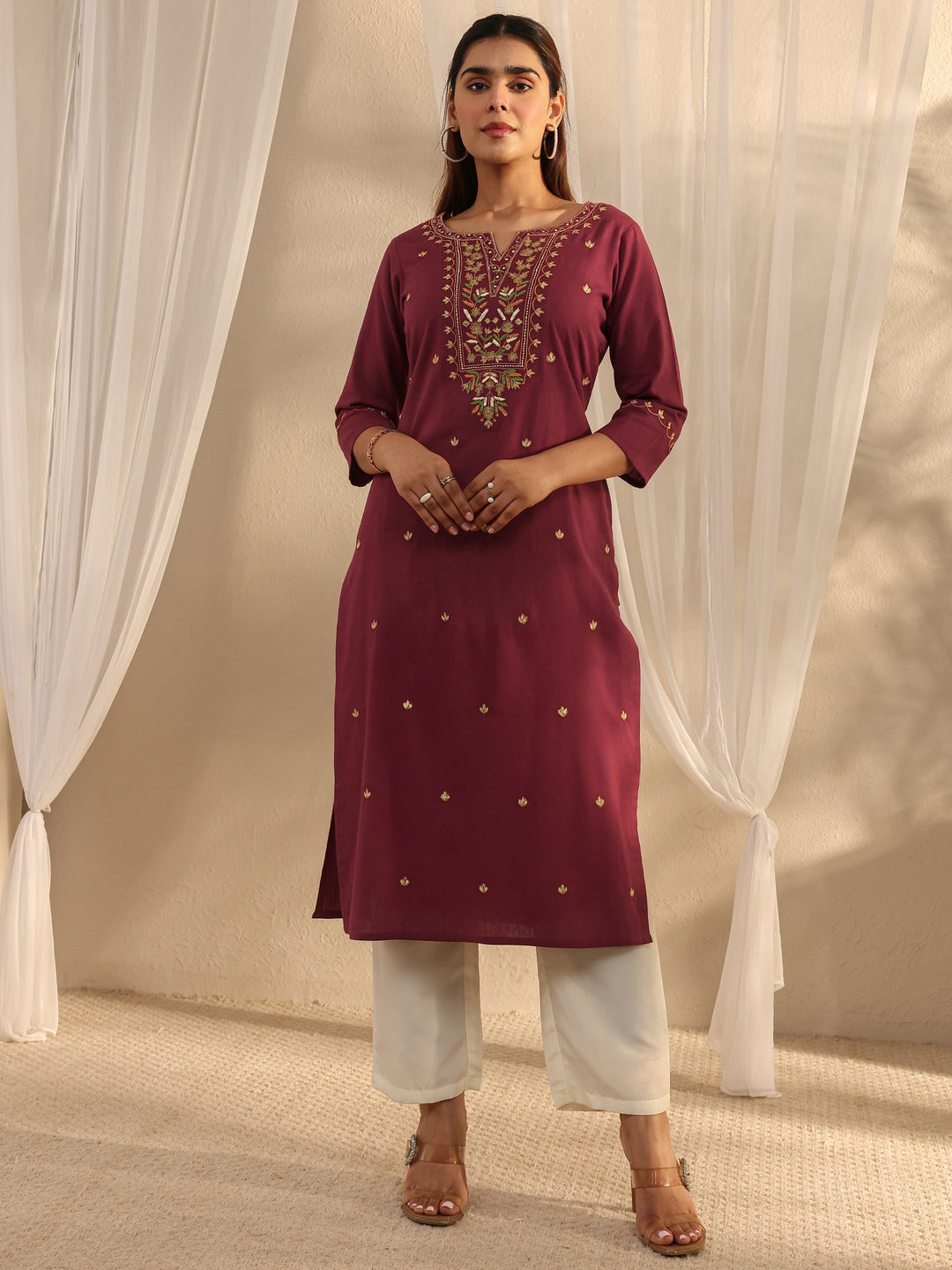  Maroon Ethnic Motif Embroidered Cotton Straight Kurta 