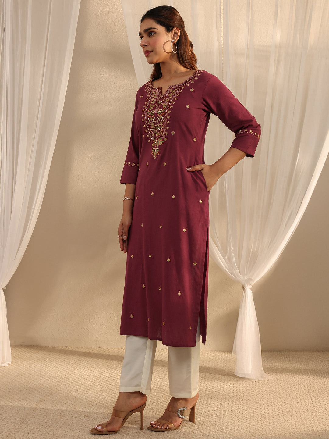  Maroon Ethnic Motif Embroidered Cotton Straight Kurta 