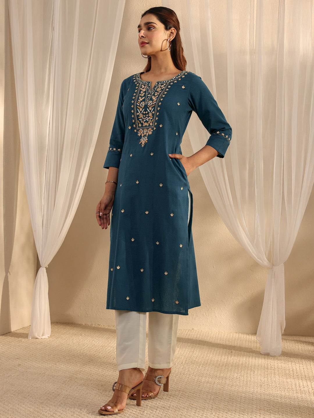  Teal Ethnic Motif Embroidered Cotton Straight Kurta 