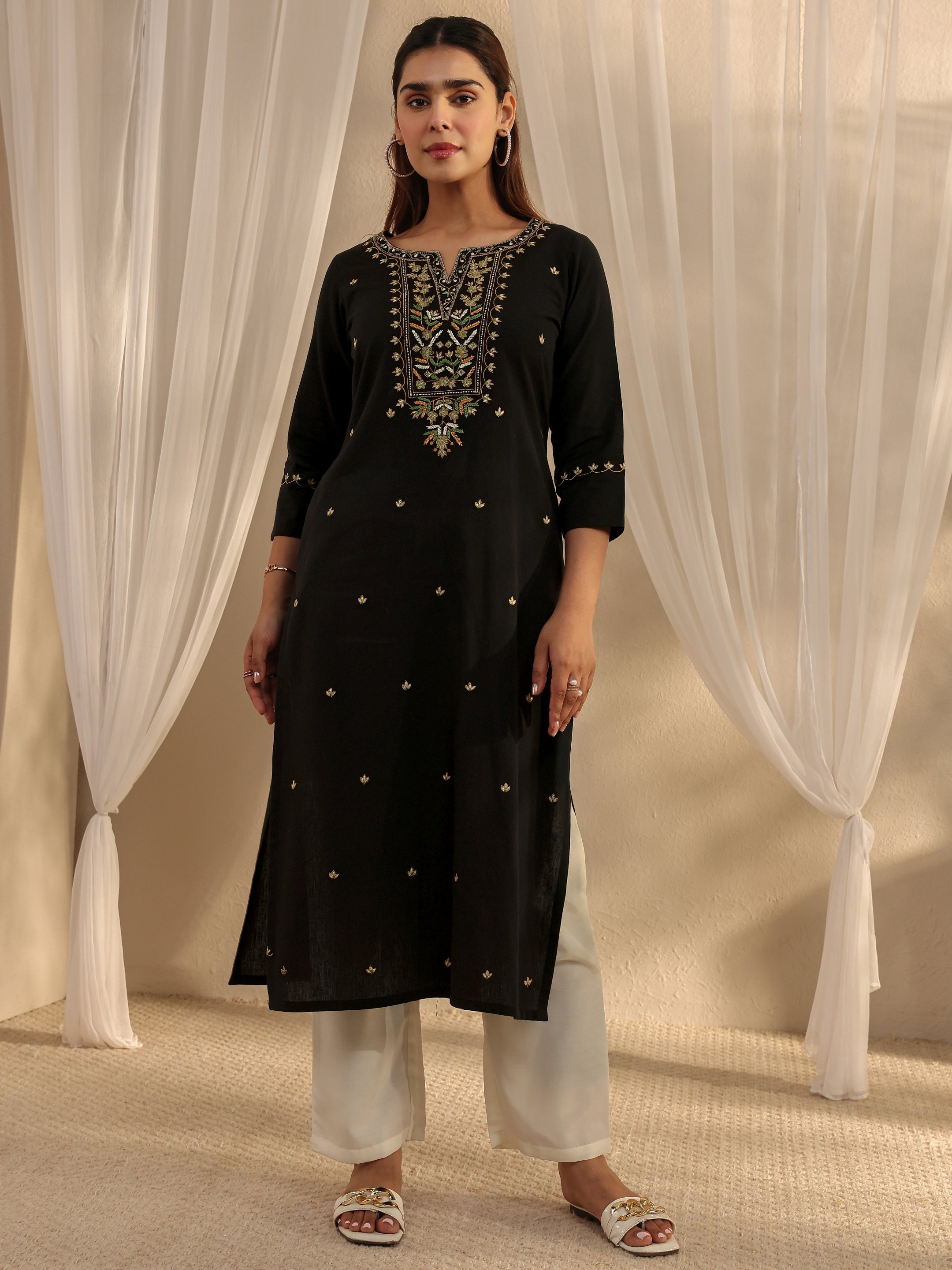 libas Black Ethnic Motif Embroidered Cotton Straight Kurta-picture-10